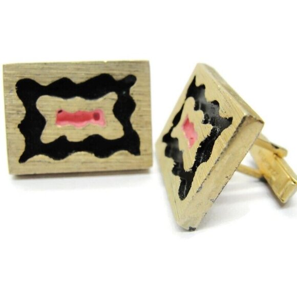 Rectangle Black & Pink Pat Pend Heavy Cufflinks Tux Shirt Dress Suit Vintage - Picture 1 of 9
